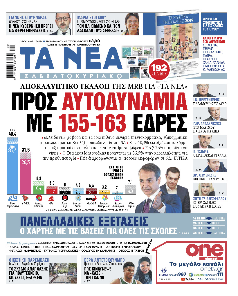 Διαβάστε στα «ΝΕΑ Σαββατοκύριακο: Δημοσκόπηση – Προς αυτοδυναμία με 155 – 163 βουλευτές