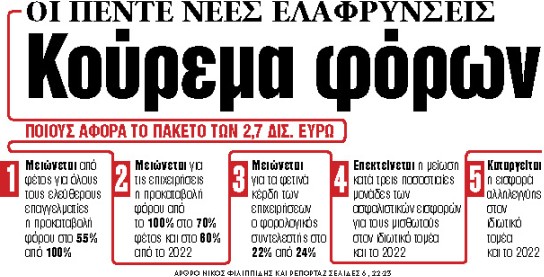 Στα «ΝΕΑ» της Παρασκευής: Κούρεμα φόρων