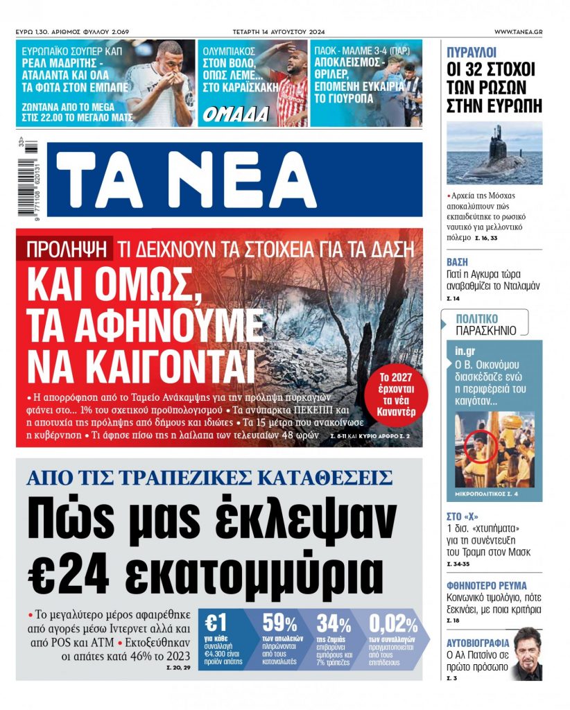 14.08.24 Στα «ΝΕΑ» της Τετάρτης: Πώς μας έκλεψαν 24 εκατομμύρια ευρώ από τις τραπεζικές καταθέσεις