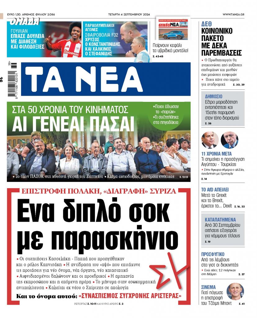 Στα «ΝΕΑ» της Τετάρτης: Ενα διπλό σοκ με παρασκήνιο